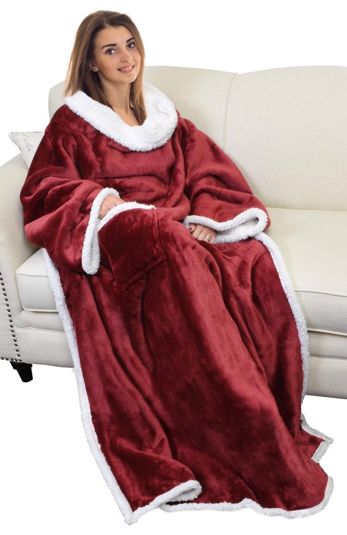 SHERPA WEARABLE BLANKET WITH SLEEVES ARMS COMFY SLEEVED TV WRAP BLANKET LARGE SNUGGLY THROW FOR WOMEN AND MEN GIFT FOR HER