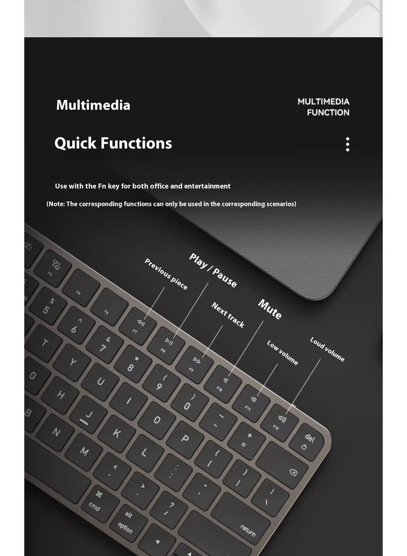 AiQi Tri-Mode Multi-Device Wireless Keyboard – 3 Connection Modes Bluetooth 5.0 2.4G Bluetooth Switching – 78 Scissor Keys Metal Ultra-Thin – Compatible with PC Laptop Tablet Phone All Systems – 14 Multimedia Shortcuts – for Office Travel – Titanium Gray - Image 5