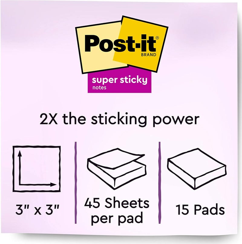 Post It Super Sticky Notes, Assorted Bright Colors, 3x3 in, 15 Pads/Pack, 45 Sheets/Pad, 2X The Sticking Power, Recyclable, Multi-Color - Image 3