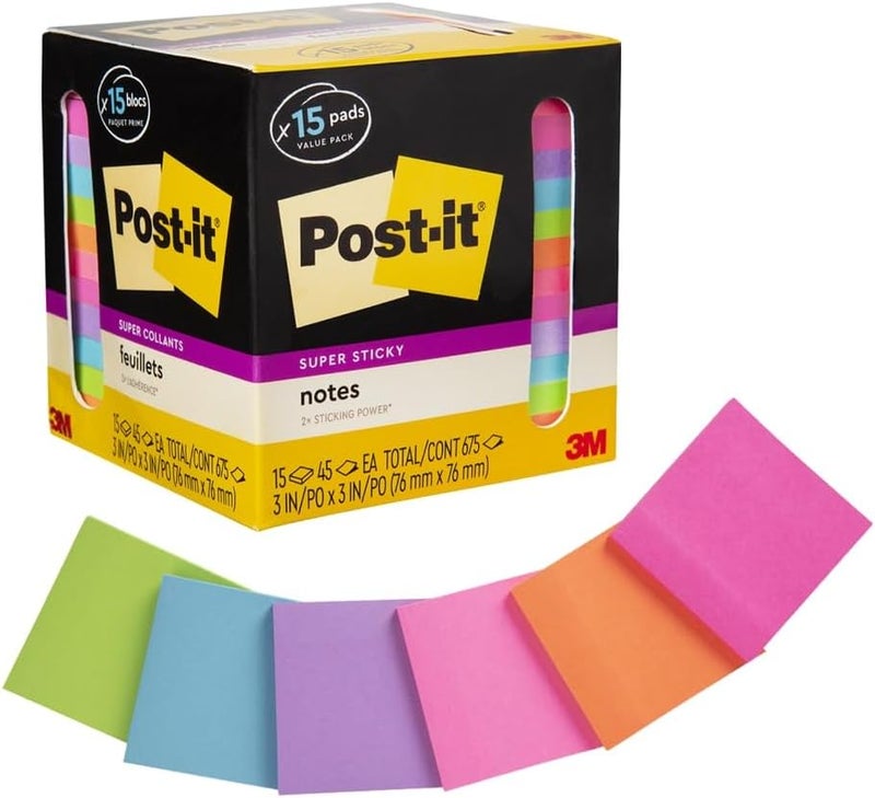 Post It Super Sticky Notes, Assorted Bright Colors, 3x3 in, 15 Pads/Pack, 45 Sheets/Pad, 2X The Sticking Power, Recyclable, Multi-Color - Image 1