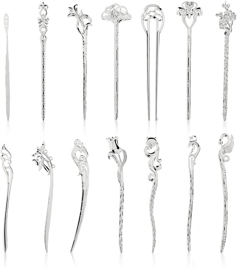 14 Pack Retro Chinese Japanese Silver Metal Hair Sticks Pins Picks Long Straight Decorative Bun Hair Fork Hairpins Chopsticks Clips Barrettes for Women Girls Adults