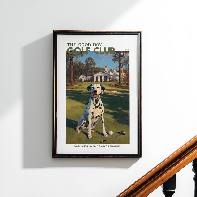 TNESSENTIAL Dalmatian The Good Boy Golf Club Wall Art Poster or Canvas Print, Dog Lover Gift, Golf Course Vintage Dog Painting, Funny Dog Wall Decor - Image 1