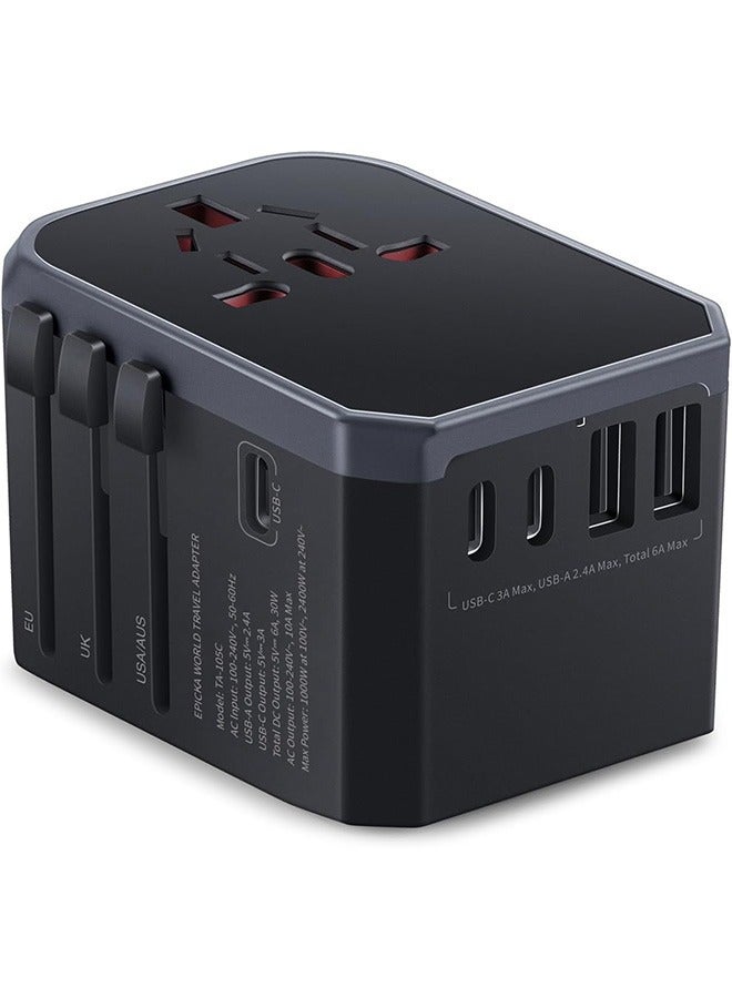 Universal Travel Adapter, European Travel Plug Adapter - International Power Adapter Worldwide Charger with USB-C & 4 USB-A Ports, Travel Essentials for Italy, Japan, Europe, UK (TA-105, Grey) - Image 1