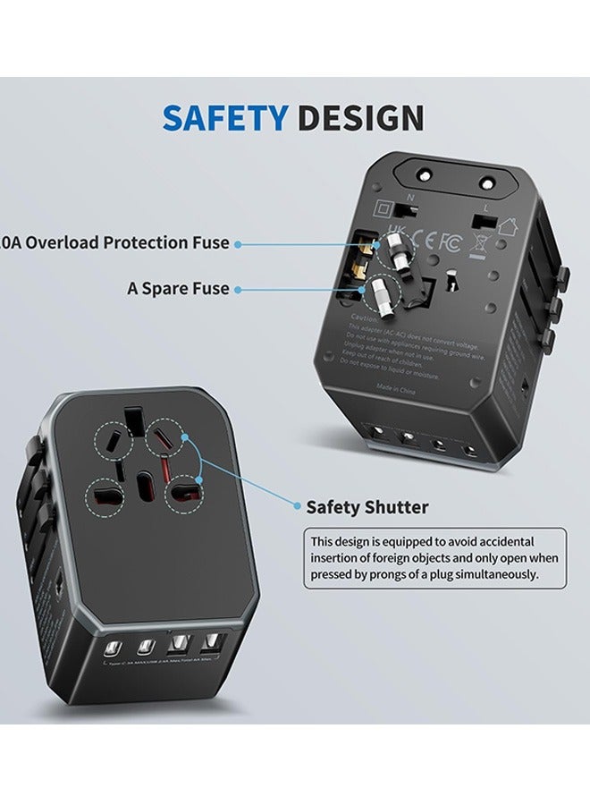 Universal Travel Adapter, European Travel Plug Adapter - International Power Adapter Worldwide Charger with USB-C & 4 USB-A Ports, Travel Essentials for Italy, Japan, Europe, UK (TA-105, Grey) - Image 3