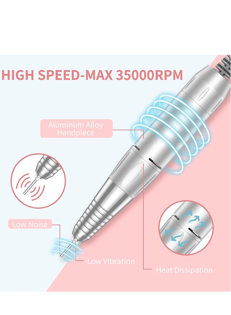 SYOSI مثقاب أظافر محمول احترافي بسرعة 35000 دورة في الدقيقة، آلة ملف كهربائية قابلة لإعادة الشحن لإزالة طلاء الأظافر الجل، ملف كهربائي لاسلكي مع مجموعة بتات صالون مانيكير منزلي، وردي - Image 4