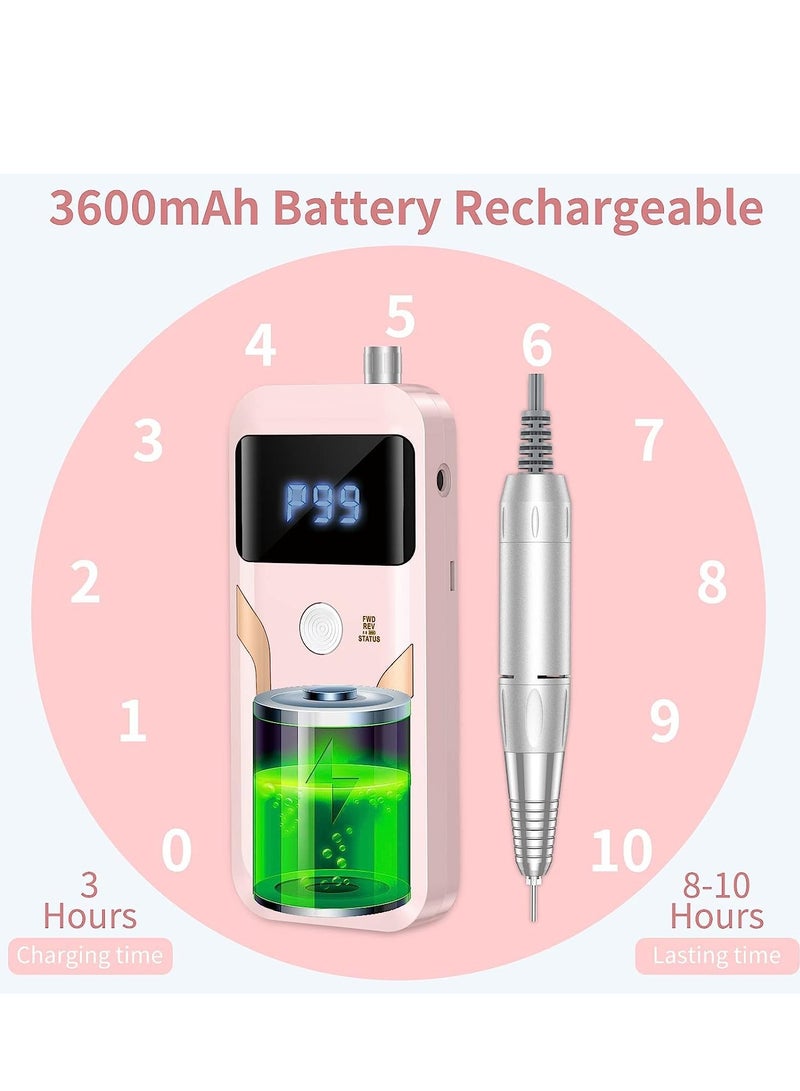 SYOSI مثقاب أظافر محمول احترافي بسرعة 35000 دورة في الدقيقة، آلة ملف كهربائية قابلة لإعادة الشحن لإزالة طلاء الأظافر الجل، ملف كهربائي لاسلكي مع مجموعة بتات صالون مانيكير منزلي، وردي - Image 5