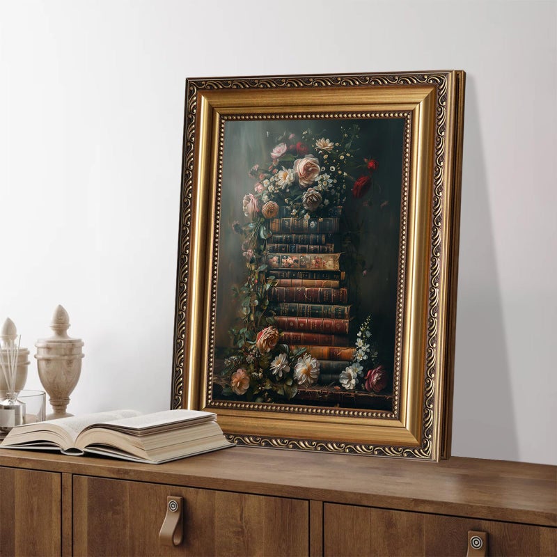 ASTRDECOR Framed Vintage Floral Wall Art - Moody Flowers Books Art Oil Painting, Vintage Wildflowers Dark Academia Floral Gallery Wall Decor Picture, Rustic Country Canvas Decor for Living Room Office 12''x16'' - Image 3