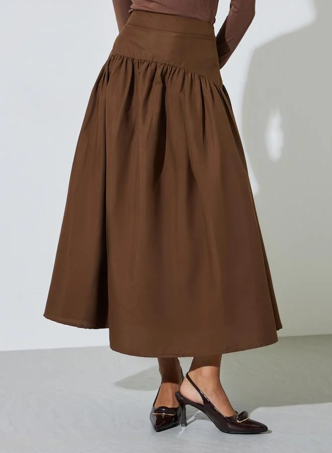 Styli Brown Gathered Flared Midi Skirt with Yoke and Side Seam