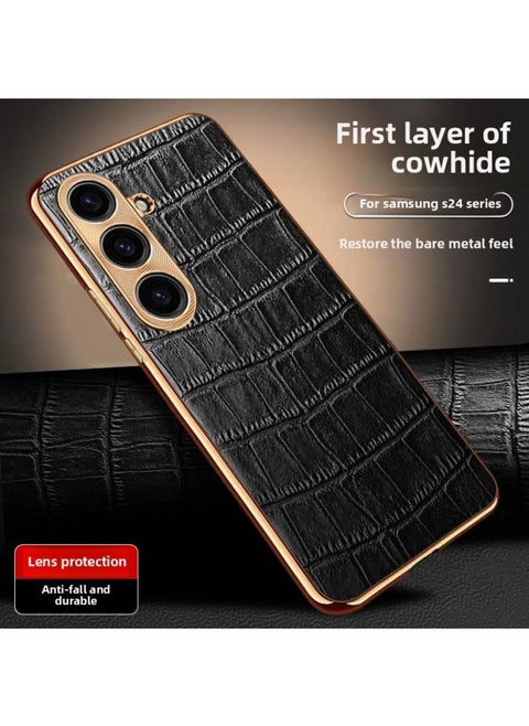 Genuine Leather Crocodile Pattern For Samsung S25 Series Phone Case 22 Protective Cover 24 All-inclusive Drop-resistant 23 Ultra-Color:[Elegant Black] Light Texture★Leather Crocodile Embossed-Applicable Model:Samsung Galaxy S23 Ultra