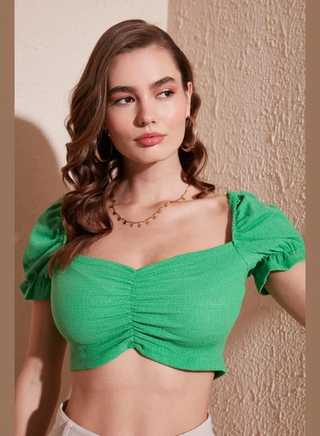 Lela Lela Slim Fit Gathered Detail Heart Neckline Crop Blouse Women's Blouse 5865601