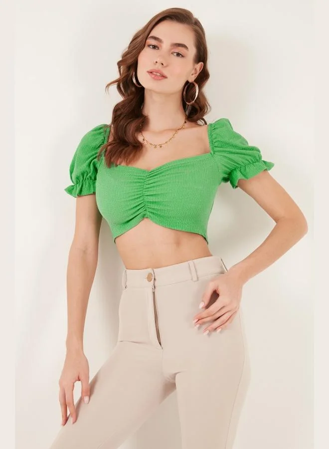 Lela Lela Slim Fit Gathered Detail Heart Neckline Crop Blouse Women's Blouse 5865601