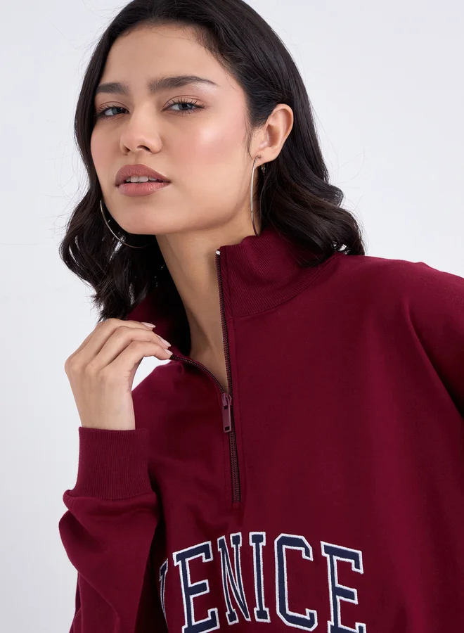ستايلي Styli Burgundy Embroidered Longline Sweatshirt