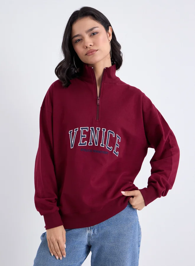 ستايلي Styli Burgundy Embroidered Longline Sweatshirt