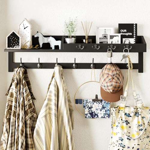 AMBIRD 35 inch Wall Hooks with Shelf Coat Rack Wall Mount Large Coat Hanger for Wall Entryway Shelf with 7 Dual Coat Hooks 4 Key Hooks and Mail Organizer Wooden Key Holder Rack Black - Image 1