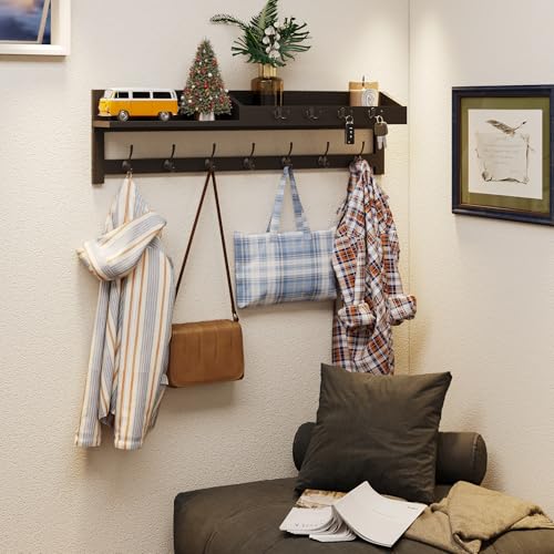 AMBIRD 35 inch Wall Hooks with Shelf Coat Rack Wall Mount Large Coat Hanger for Wall Entryway Shelf with 7 Dual Coat Hooks 4 Key Hooks and Mail Organizer Wooden Key Holder Rack Black - Image 3