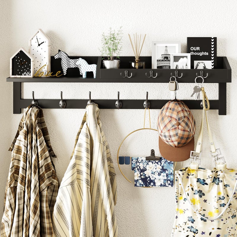 AMBIRD 35 inch Wall Hooks with Shelf Coat Rack Wall Mount Large Coat Hanger for Wall Entryway Shelf with 7 Dual Coat Hooks 4 Key Hooks and Mail Organizer Wooden Key Holder Rack Black - Image 2