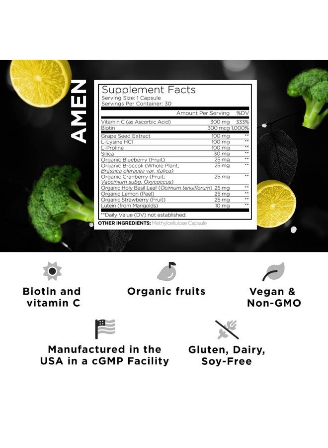 Amen Plantbased Vegan Collagen Builder Supplement Organic Whole Foods Lutein Vitamin C Biotin Lysine Proline Collagen Boosters Organic Cranberry Lemon Strawberry Once A Day 30 Capsules - Image 3