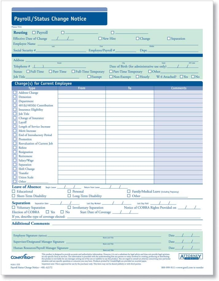 Payroll Status Change Notice | 8-1/2” x 11” | HR & Employee Management | 50 Pack