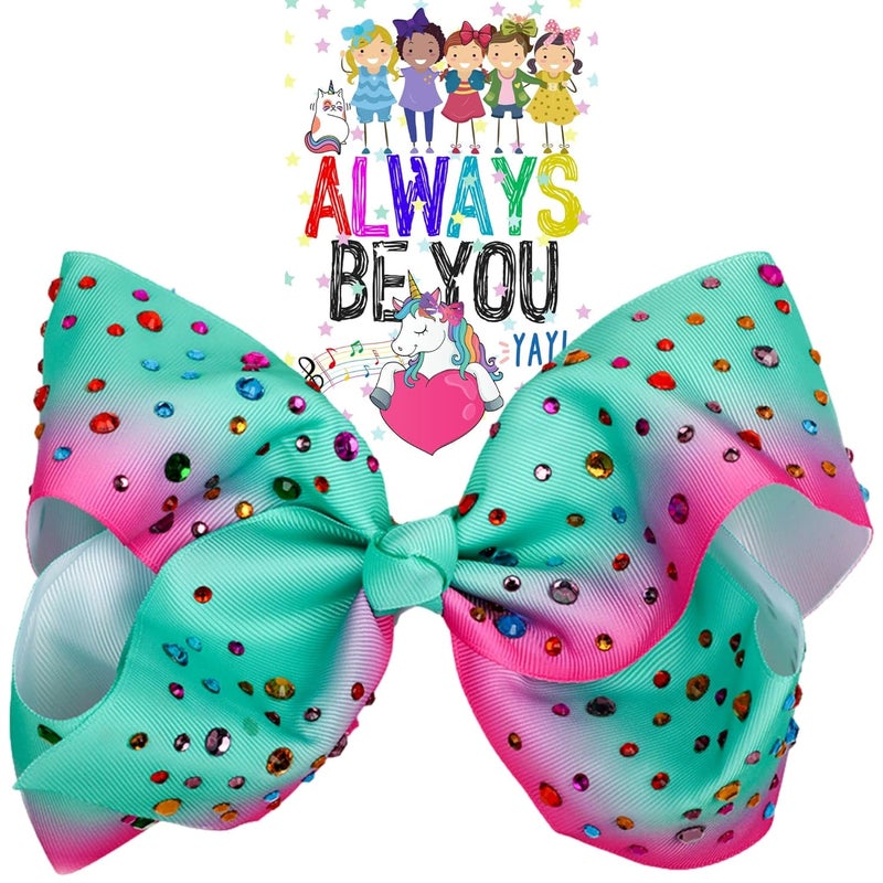 Jumbo Rhinestone Hair Bow  Cheer Bows for Girls Toddlers Pink and Blue Ribbon Fashion Accessories Aqua PinkRhinestone