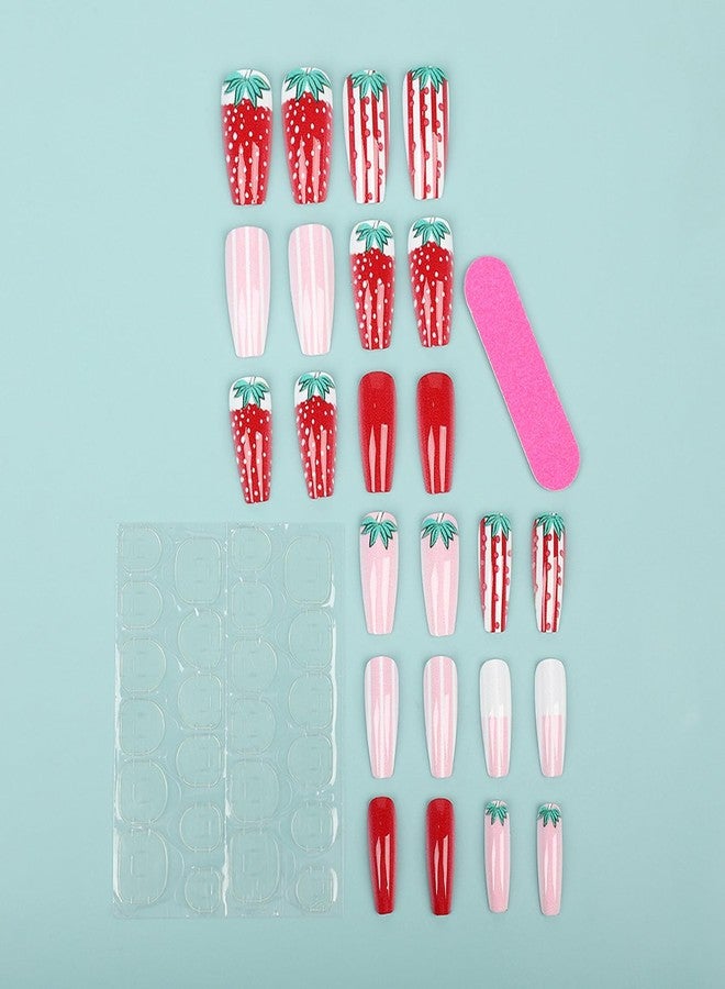ASABITE 24Pcs Strawberry Coffin Press on Nails Medium Fake Nails Pink Red Full Cover False Nails Cute Strawberry Nail Artificial Nails Press ons Reusable Stick on Nail for Women Girls - Image 3