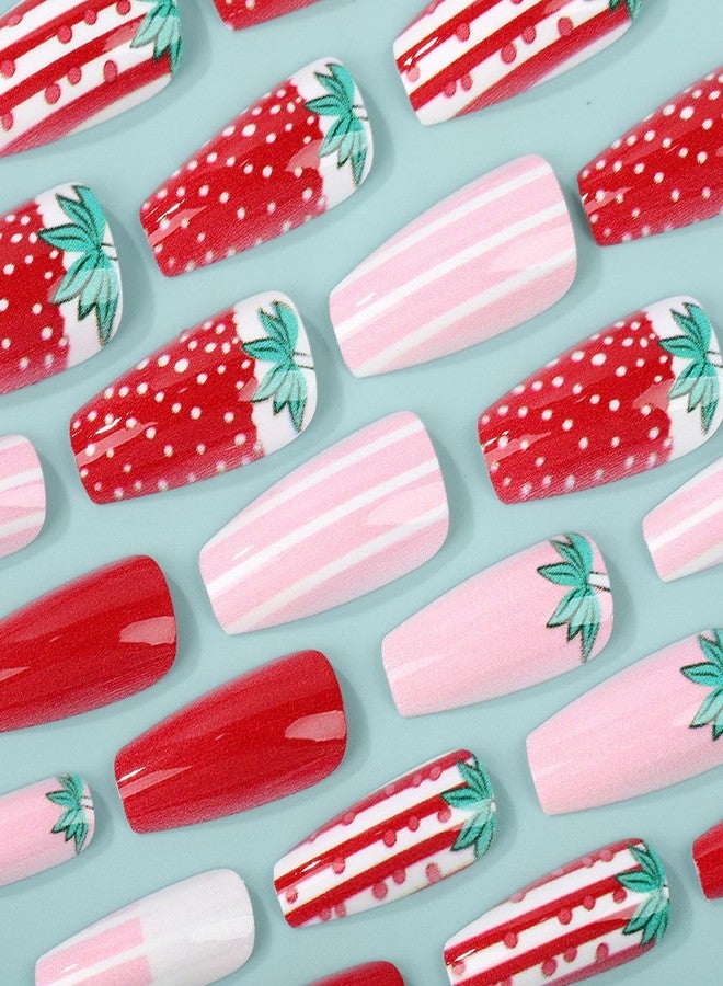 ASABITE 24Pcs Strawberry Coffin Press on Nails Medium Fake Nails Pink Red Full Cover False Nails Cute Strawberry Nail Artificial Nails Press ons Reusable Stick on Nail for Women Girls - Image 2