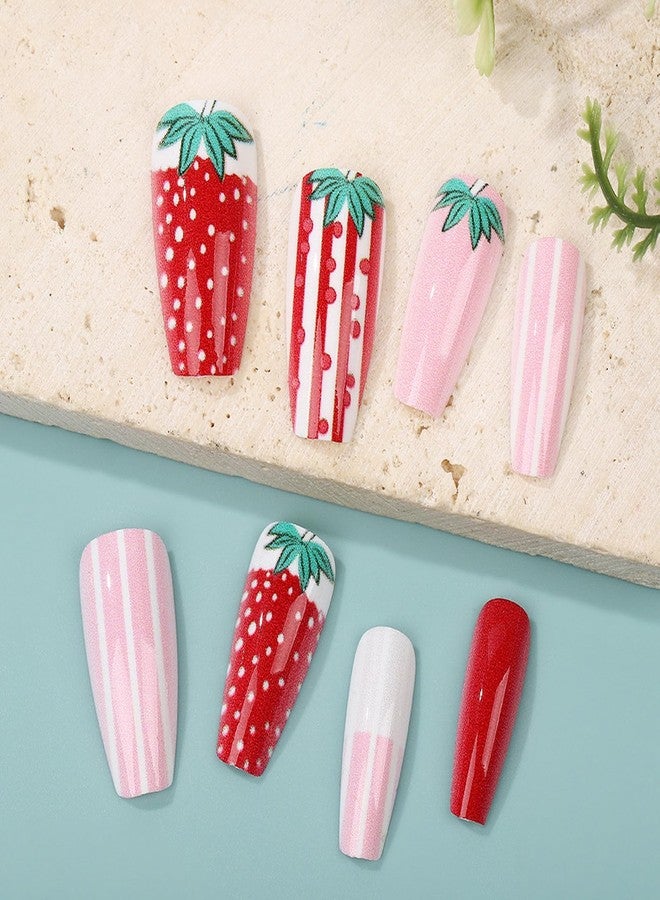 ASABITE 24Pcs Strawberry Coffin Press on Nails Medium Fake Nails Pink Red Full Cover False Nails Cute Strawberry Nail Artificial Nails Press ons Reusable Stick on Nail for Women Girls - Image 4