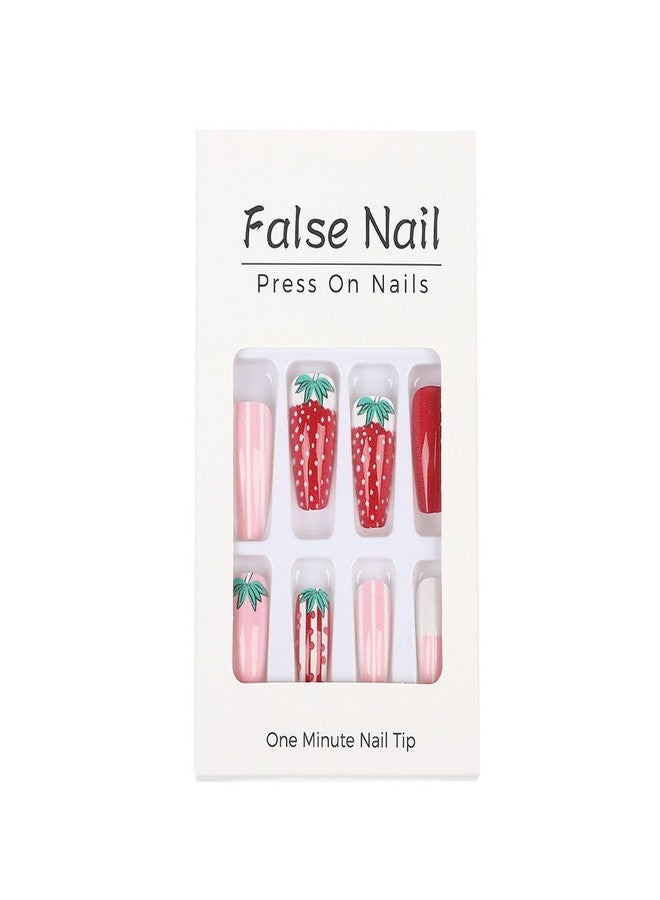 ASABITE 24Pcs Strawberry Coffin Press on Nails Medium Fake Nails Pink Red Full Cover False Nails Cute Strawberry Nail Artificial Nails Press ons Reusable Stick on Nail for Women Girls - Image 5