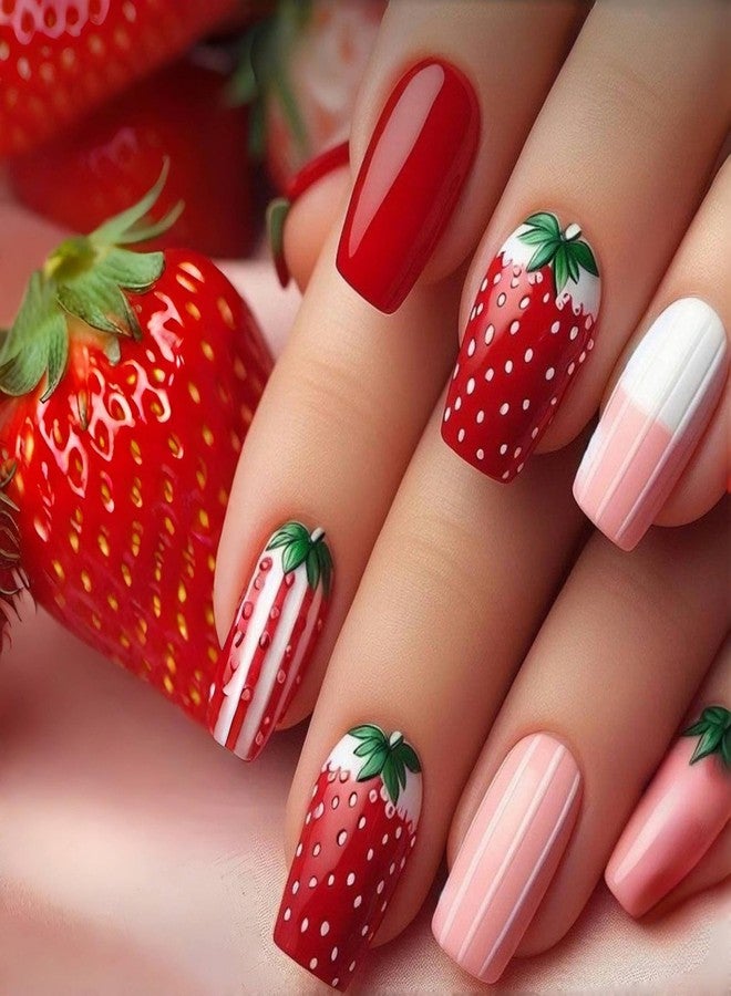 ASABITE 24Pcs Strawberry Coffin Press on Nails Medium Fake Nails Pink Red Full Cover False Nails Cute Strawberry Nail Artificial Nails Press ons Reusable Stick on Nail for Women Girls - Image 1