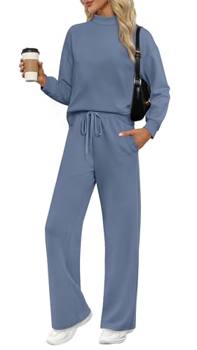 WIHOLL Travel Airport Outfits for Women Fall Two Piece Sets Mock Neck Tracksuit Winter Loungewear Womens Lounge Set Vacation Outfits High Waist Wide Leg Pants Clothes Pullover Sweatsuits Blue M - Image 1