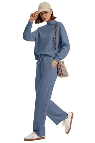 WIHOLL Travel Airport Outfits for Women Fall Two Piece Sets Mock Neck Tracksuit Winter Loungewear Womens Lounge Set Vacation Outfits High Waist Wide Leg Pants Clothes Pullover Sweatsuits Blue M - Image 3