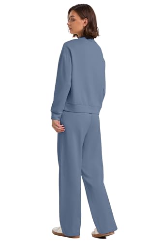 WIHOLL Travel Airport Outfits for Women Fall Two Piece Sets Mock Neck Tracksuit Winter Loungewear Womens Lounge Set Vacation Outfits High Waist Wide Leg Pants Clothes Pullover Sweatsuits Blue M - Image 5