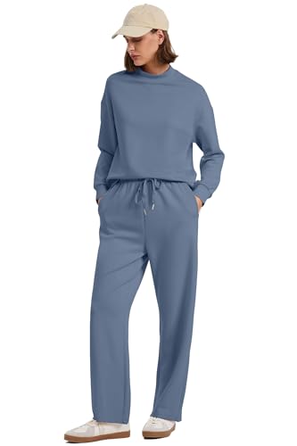 WIHOLL Travel Airport Outfits for Women Fall Two Piece Sets Mock Neck Tracksuit Winter Loungewear Womens Lounge Set Vacation Outfits High Waist Wide Leg Pants Clothes Pullover Sweatsuits Blue M - Image 4