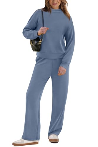 WIHOLL Travel Airport Outfits for Women Fall Two Piece Sets Mock Neck Tracksuit Winter Loungewear Womens Lounge Set Vacation Outfits High Waist Wide Leg Pants Clothes Pullover Sweatsuits Blue M - Image 2