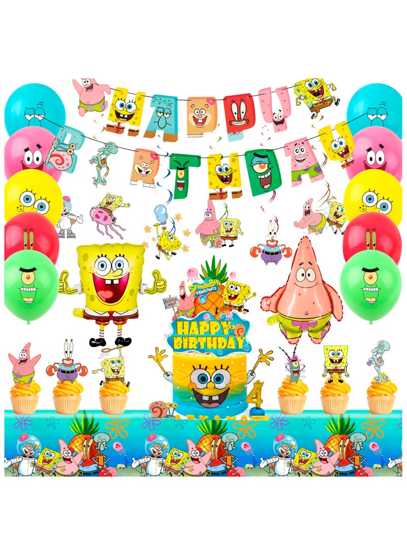 ILovhaprty SpongeBob Birthday Party Supplies, 38 Pcs SpongeBob Party Decorations Set - SpongeBob Birthday Banner Tablecloth Spiral Decorations & SpongeBob Balloon Cake Topper etc SpongeBob Party Supplies - Image 1