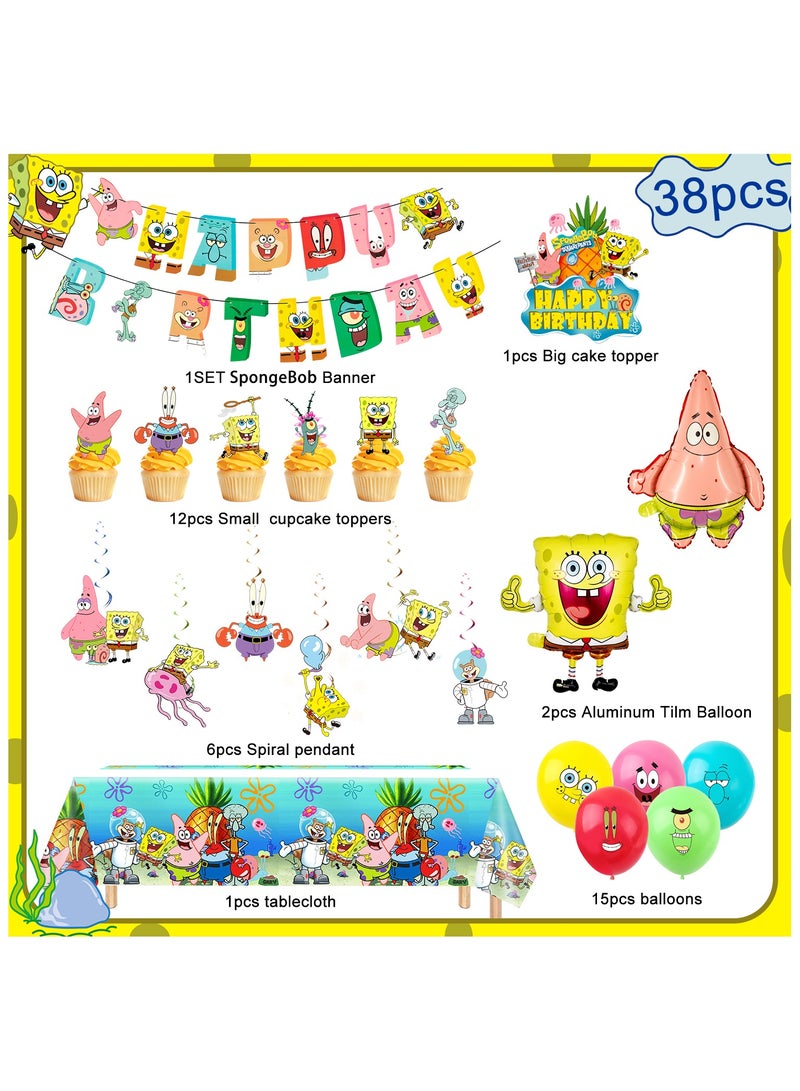 ILovhaprty SpongeBob Birthday Party Supplies, 38 Pcs SpongeBob Party Decorations Set - SpongeBob Birthday Banner Tablecloth Spiral Decorations & SpongeBob Balloon Cake Topper etc SpongeBob Party Supplies - Image 2