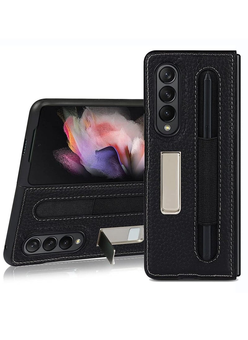 SYOSI Phone Case for Samsung Galaxy Z Fold 3 with S Pen Holder Stand Function Drop Resistant Lychee Pattern (Black with Pen Slot)  - Image 1
