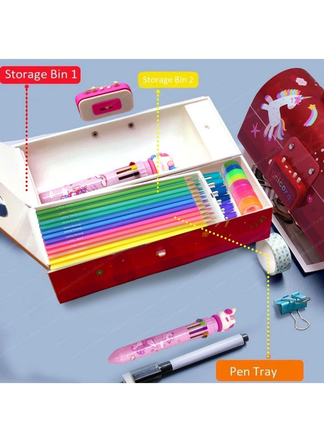 فنبلاست علبة أقلام وأقلام رصاص من فن بلاست للأطفال على شكل حقيبة سفر مع قفل بكلمة مرور للأولاد والبنات، علبة أقلام رصاص يونيكورن 10 في 1 ألوان قلم حبر جاف، قرطاسية كاواي (لون عشوائي-أ، بولي بروبيلين، متعدد الألوان) - Image 4