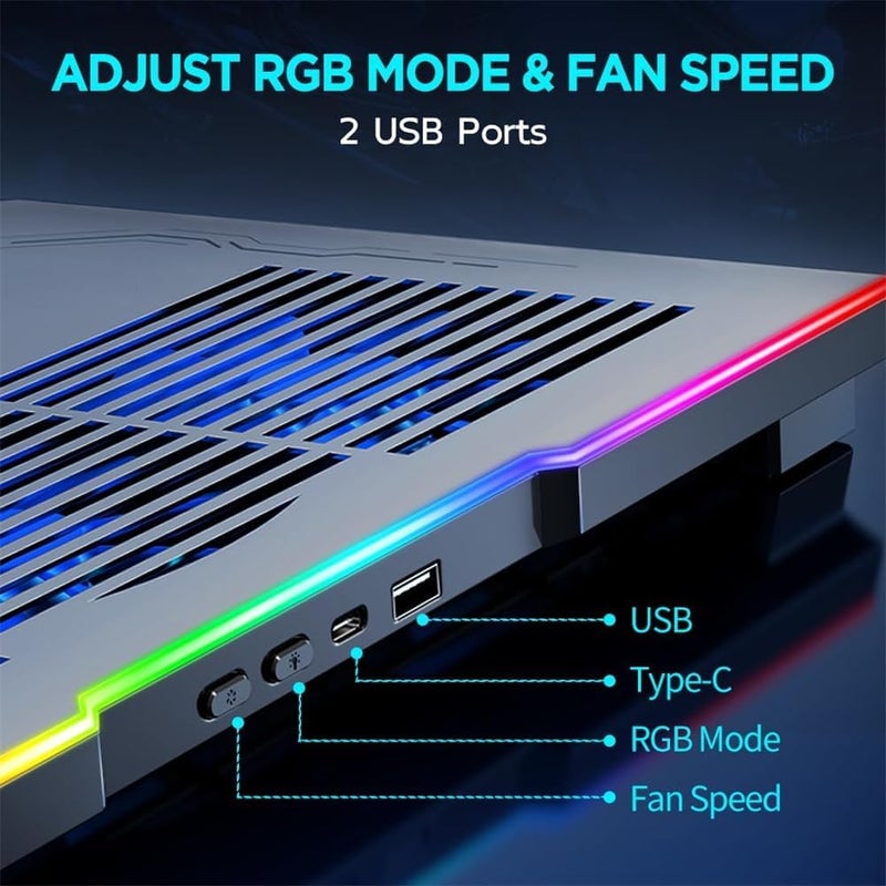 Laptop Cooling Pad, Aluminum-Alloy Gaming Cooler, RGB Light, Notebook Stand, Lightweight with Adjustable Height, 1 USB Ports & 1 Type-C, Fan Speed Control - Image 2