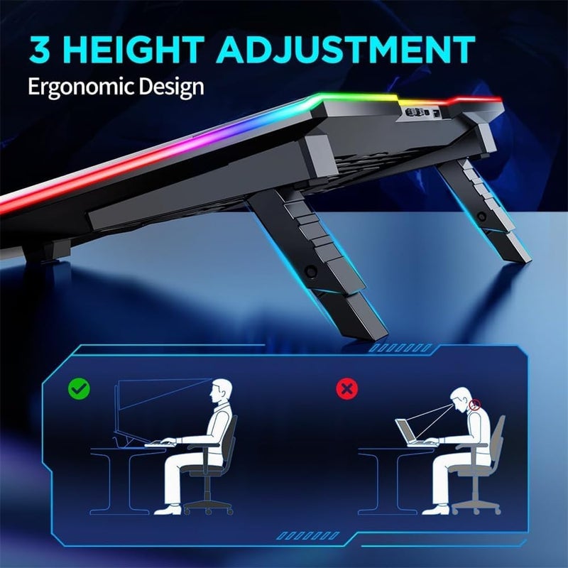 Laptop Cooling Pad, Aluminum-Alloy Gaming Cooler, RGB Light, Notebook Stand, Lightweight with Adjustable Height, 1 USB Ports & 1 Type-C, Fan Speed Control - Image 3