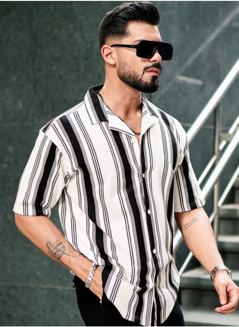 Maniac Maniac Mens Barcode Stripes Half Sleeve Black and White HoneyComb Fabric Shirt  - Image 2