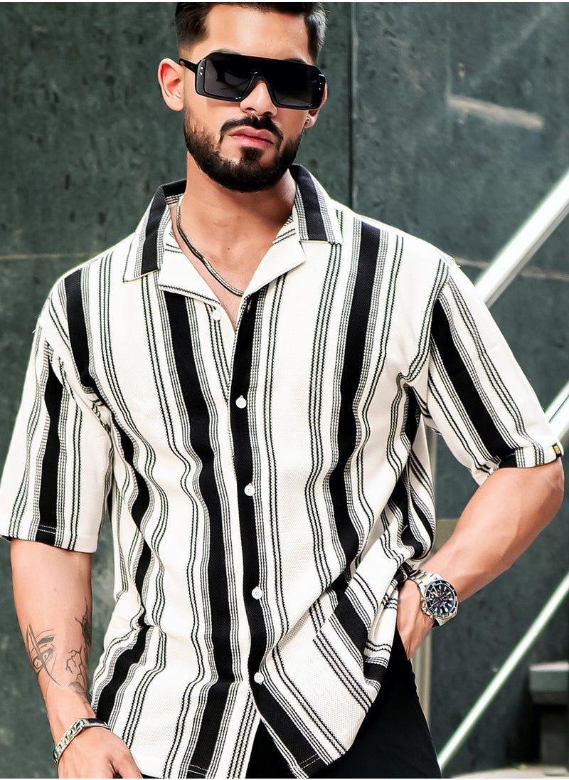 Maniac Maniac Mens Barcode Stripes Half Sleeve Black and White HoneyComb Fabric Shirt  - Image 1