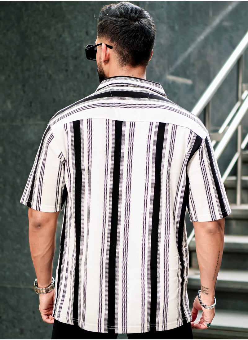 Maniac Maniac Mens Barcode Stripes Half Sleeve Black and White HoneyComb Fabric Shirt  - Image 3