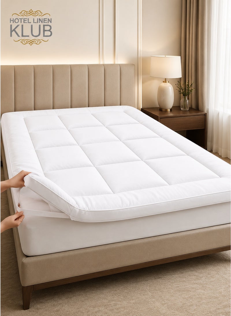 Hotel Linen Klub Super King Mattress Topper- 200x200+5cm -600GSM Extra Thick and Soft Fibersheet, Supersoft Brushed Fabric with 4-Side Elastic Bands for Secure Fit - Image 1