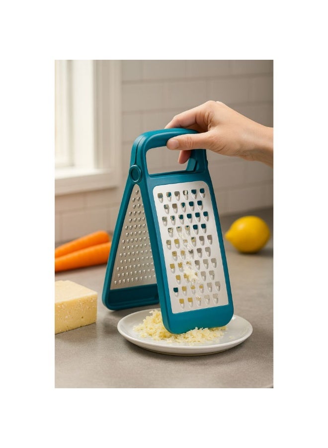 تيتيز مبشرة جبن وخضراوات قابلة للطي على الوجهين من الفولاذ المقاوم للصدأ، شفرات خشنة وناعمة، مقبض مريح غير قابل للانزلاق، تصميم موفر للمساحة، آمنة للغسل في غسالة الأطباق، لون أزرق مخضر - Image 3