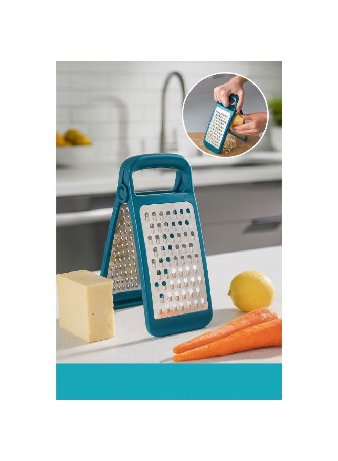 تيتيز مبشرة جبن وخضراوات قابلة للطي على الوجهين من الفولاذ المقاوم للصدأ، شفرات خشنة وناعمة، مقبض مريح غير قابل للانزلاق، تصميم موفر للمساحة، آمنة للغسل في غسالة الأطباق، لون أزرق مخضر - Image 5