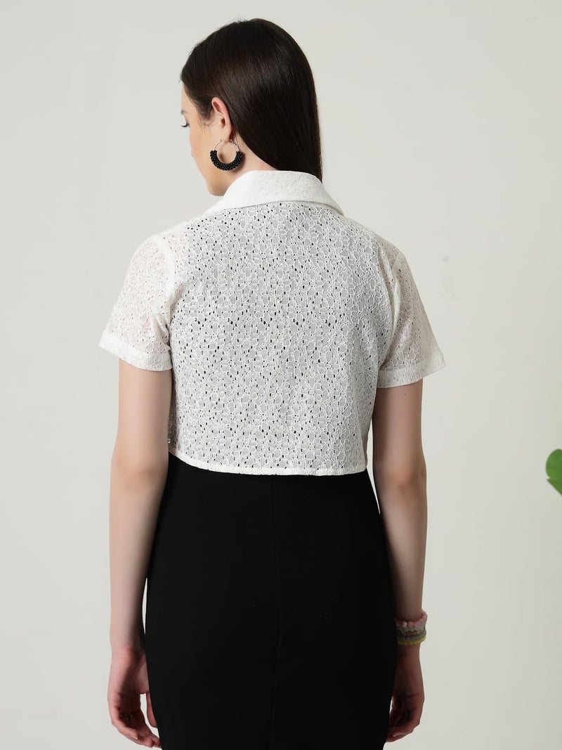 Style Quotient Women White Cotton Lace Open Front Crop Shrug - Image 4