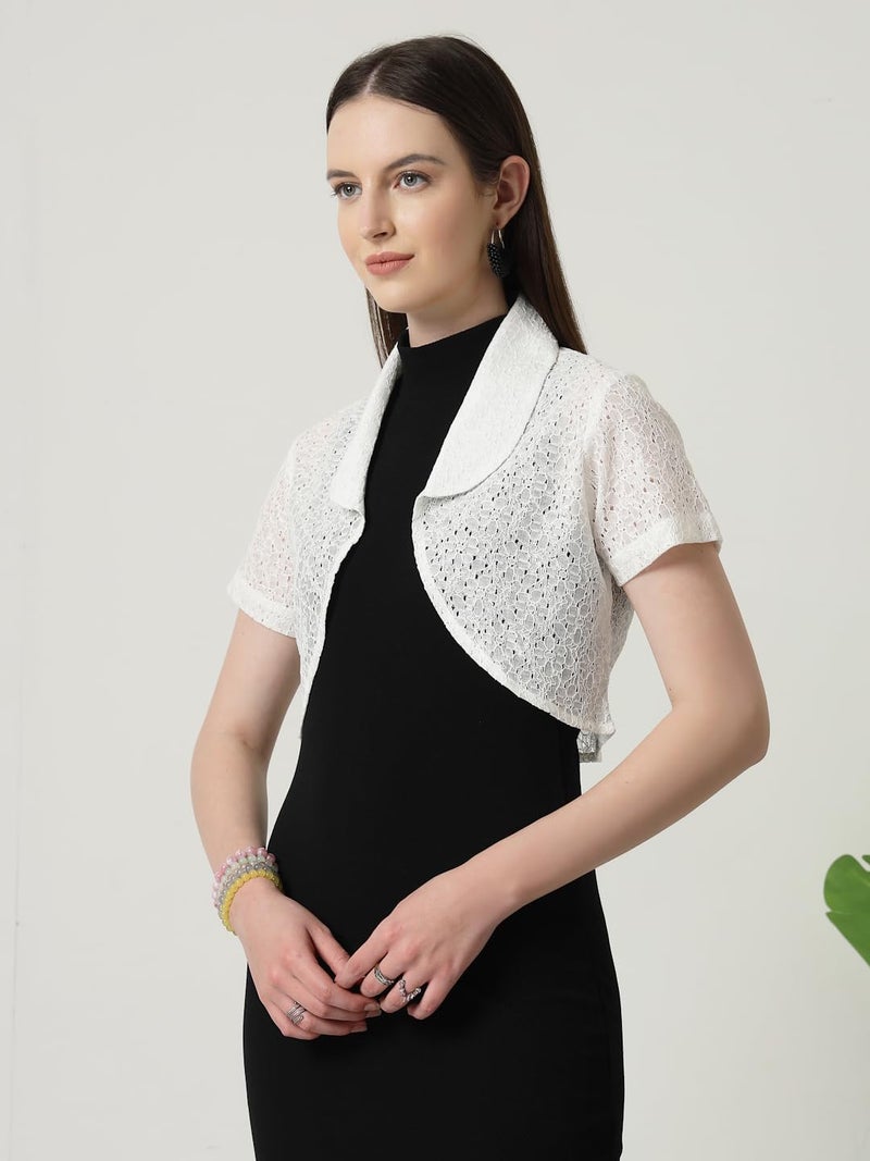 Style Quotient Women White Cotton Lace Open Front Crop Shrug - Image 3
