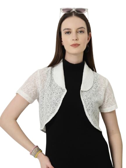 Style Quotient Women White Cotton Lace Open Front Crop Shrug - Image 1