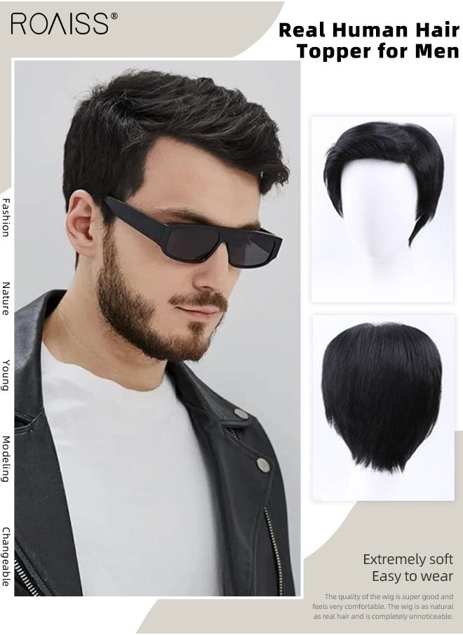 roaiss Men's Hair Toupee, Natural Black Hair Pieces Short Wig Real Human Hair Topper for Male for Covering White or Loss Hair, Hand-made Hair Extensions Daily Wear  - Image 1
