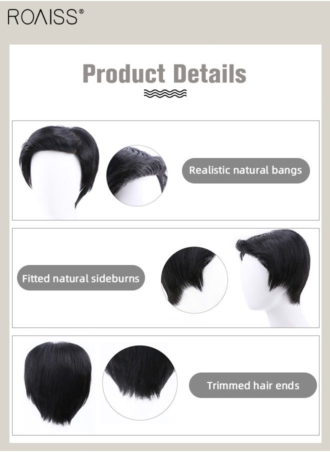 roaiss Men's Hair Toupee, Natural Black Hair Pieces Short Wig Real Human Hair Topper for Male for Covering White or Loss Hair, Hand-made Hair Extensions Daily Wear  - Image 2